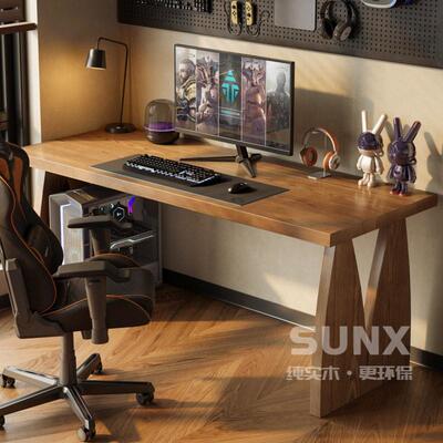 sunx实木电竞桌法式家用书桌工作台长条一字大板办公桌台式电脑桌