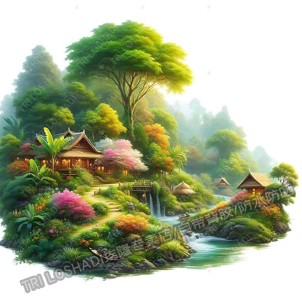 治愈绿色唯美风景贴画墙上客厅装饰小河流水贴画冰箱马桶贴纸自粘