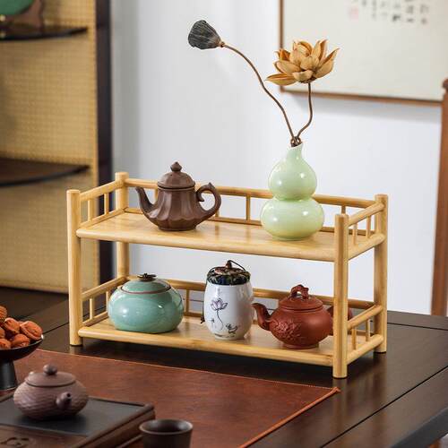 桌面迷你博古架楠竹桌面茶杯架茶具收纳展示置物架文玩茶具摆件