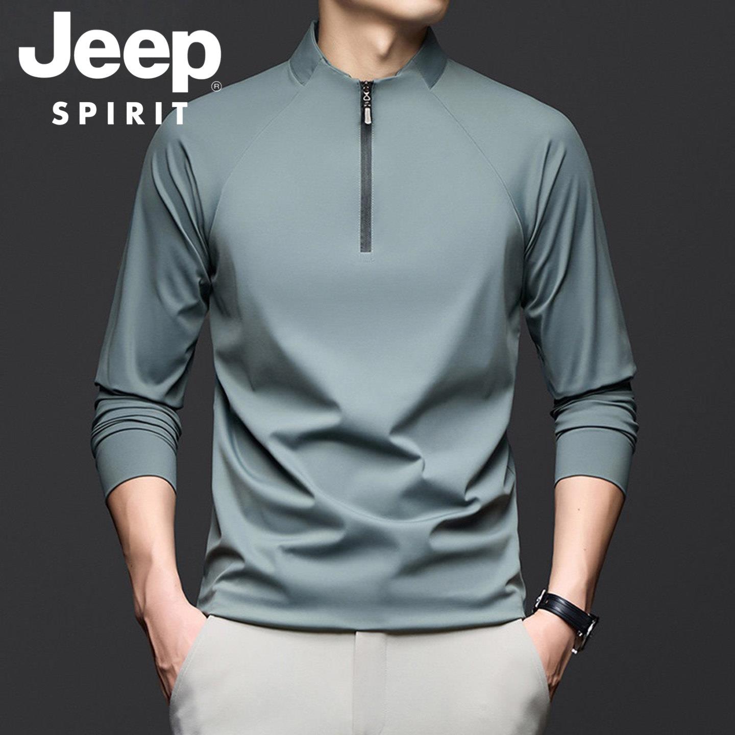 JEEP SPIRIT桑蚕丝长袖t恤男士款春秋季时尚百搭半拉链立领打底衫