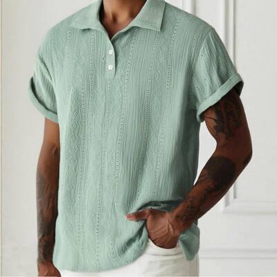 Men Jacquard Polo Shirt Set Regular Casual Sleeve Summer