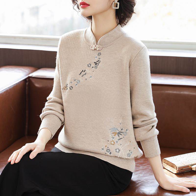 妈妈秋装毛衣高贵长袖内搭衣2025新款洋派新中式中老年女针织上衣