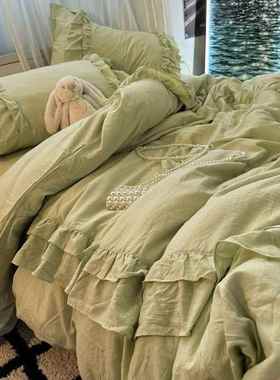 水棉洗荷叶花被罩夏季清新绿色被四边件套学生宿舍LGC床单人三件