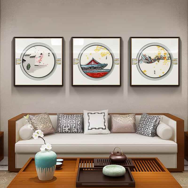 刺绣挂画苏绣新中式客厅装饰画中国风山水画高档沙发背景墙三联画