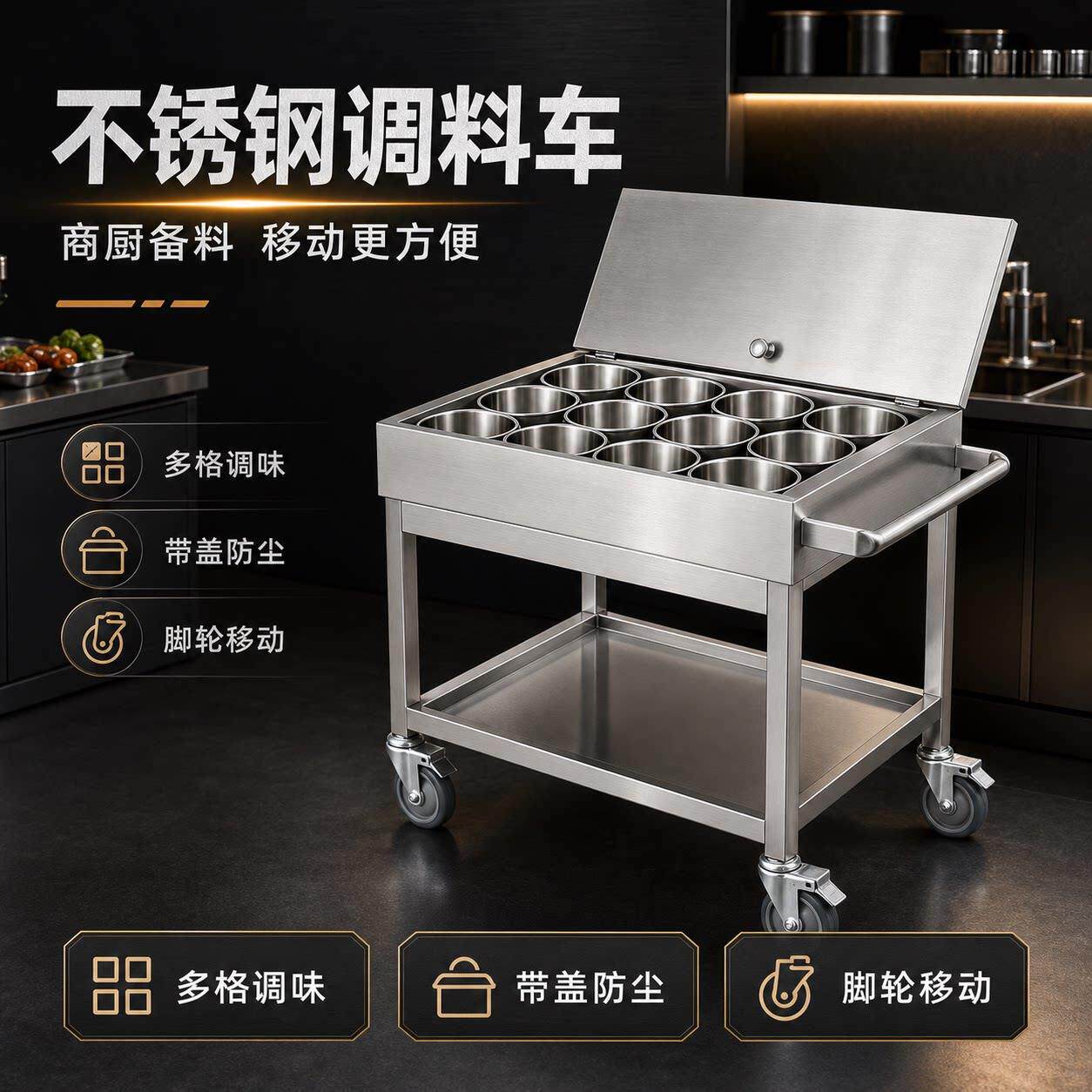 商用不锈钢调料车厨房饭店餐厅调味车家用简易手推调料台餐车推车