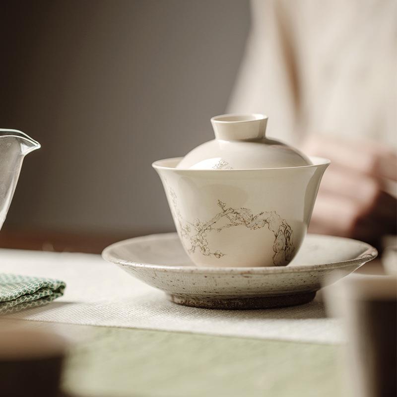 草木灰米白釉盖碗茶杯陶瓷功夫茶具泡茶碗大号家用中式茶碗