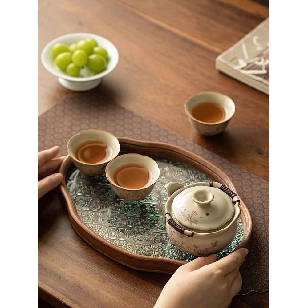 采购产品米色汝窑手捧壶，盖碗，茶杯，高档大茶碗，茶盘，防烫陶