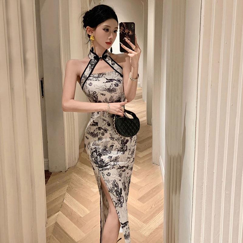 直播衣服女主播服装上镜年轻款性感长裙露肩新中式挂脖旗袍连衣裙