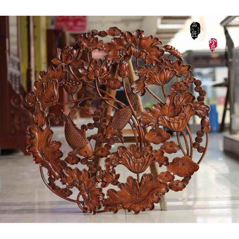 荷花鱼实木香樟木壁挂件餐厅客厅玄关背景墙院子中式木雕挂画家居
