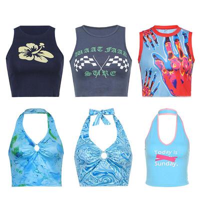 Sexy Tank Top Blue Halter Y2K Tops Women Summer Camis Backl