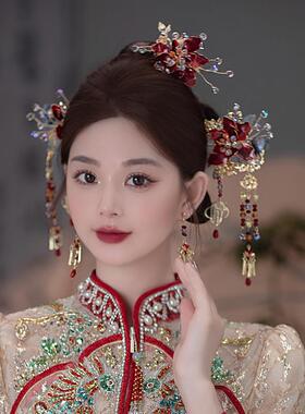 新娘头饰中式古风红色造花液古典流苏簪子秀禾服龙凤褂结婚发饰品