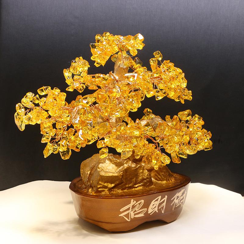 天然黄水晶招财树发财树招財金色盆摆件酒柜装饰品家居客厅摇钱树