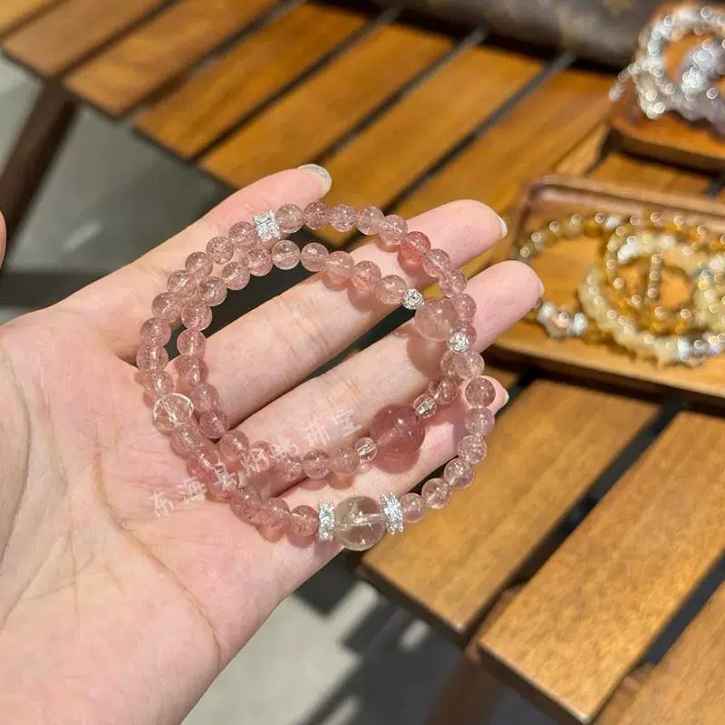 天然水晶草莓晶双圈手串白水晶手链招桃花小众设计水晶手串送女友