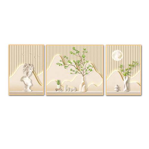 奶油风客厅挂画沙发背景墙装饰画现代简约绿植三联组合壁画绿植风