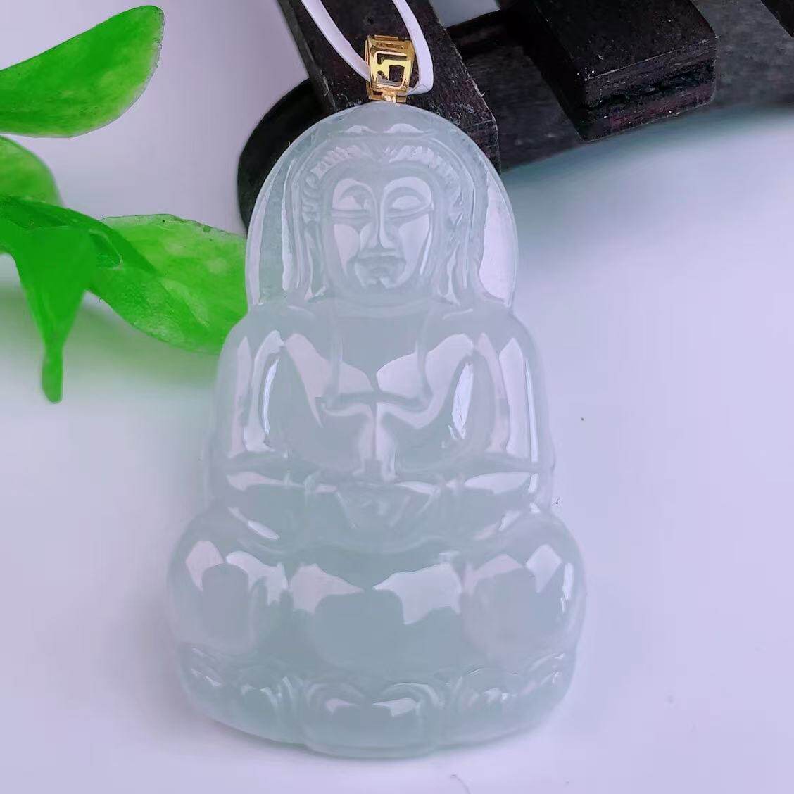 缅甸天然真品翡翠18k金扣头高冰玻璃种水润高端闪拍观音玉石吊坠