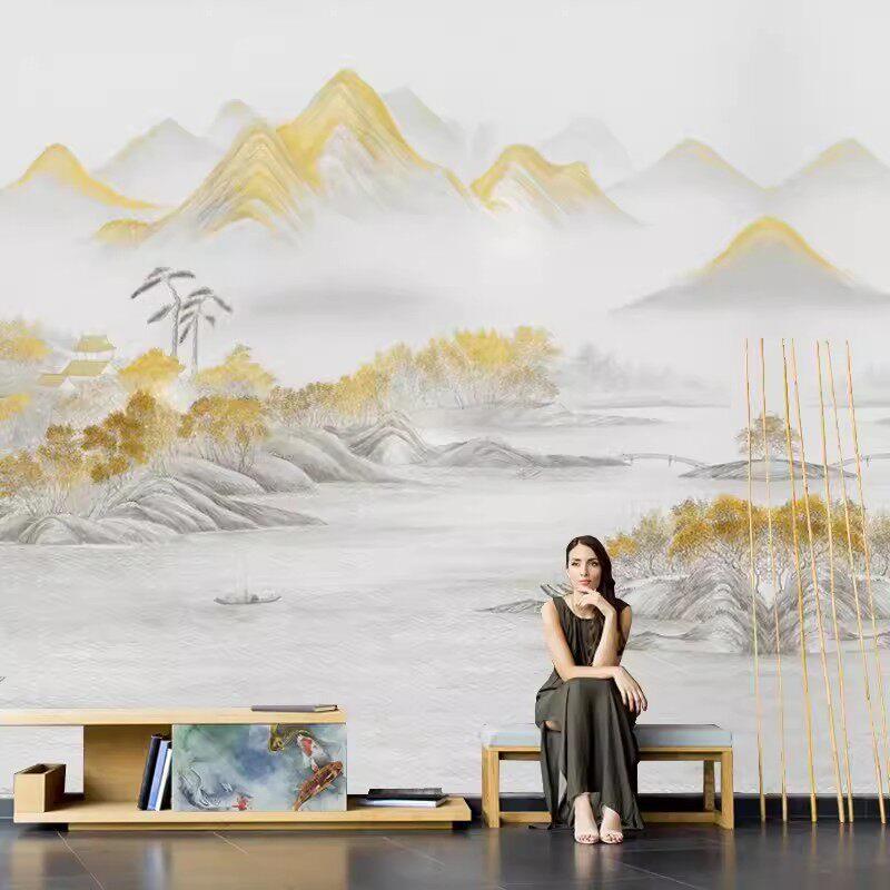 新中式国画水墨山水金山电视机沙发背景墙纸壁纸客厅装饰壁画墙布