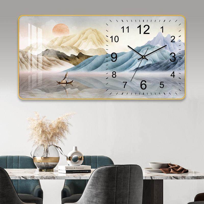 山水画客厅挂钟装饰画中国风表钟挂墙客厅静音石英钟免打孔挂钟