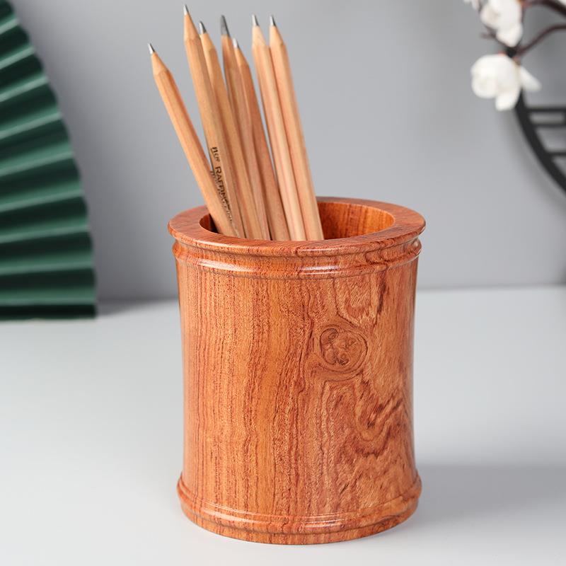 精品花梨木质圆笔筒办公桌面文具收纳摆件复古实木制文房笔桶笔插