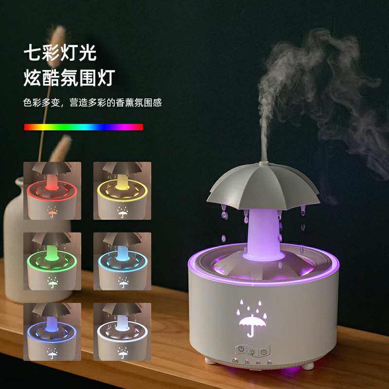 爆款雨滴旋转加湿器家用办公卧室静音大雾香薰彩灯光遥控桌面