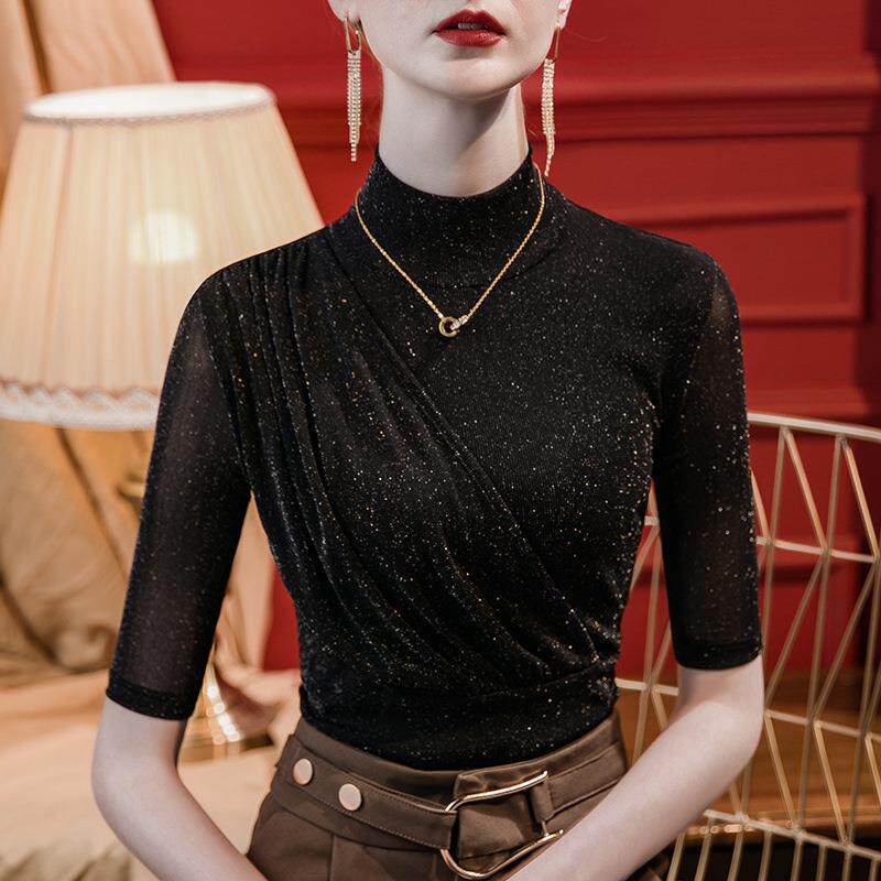 立领亮丝网纱打底衫女五分袖修身2023秋季新款褶皱拼接设计感上衣