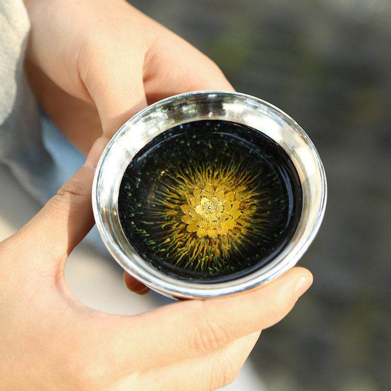 日式999足银窑变建盏茶杯陶瓷包银杯功夫茶杯品茗杯镶银莲花茶盏