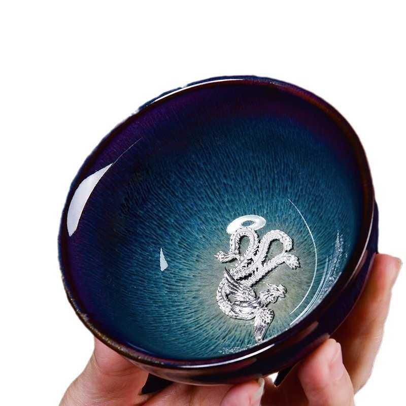 镶银窑变天目釉茶杯 兔毫盏主人杯单杯十二生肖茶盏银杯单杯大号,餐饮具,茶杯,淘宝优惠券,粉丝福利购,淘宝优惠卷
