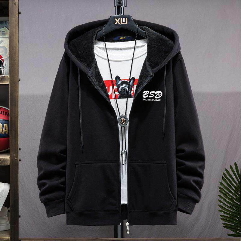 加肥加大码男拉链开衫卫衣春秋加绒加厚连帽衫胖子宽松纯棉外套潮