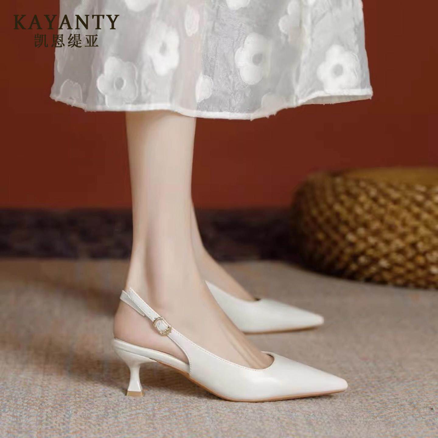 KAYANTY2026年春夏尖头白色小高跟鞋细跟不累脚一字带法式凉鞋女