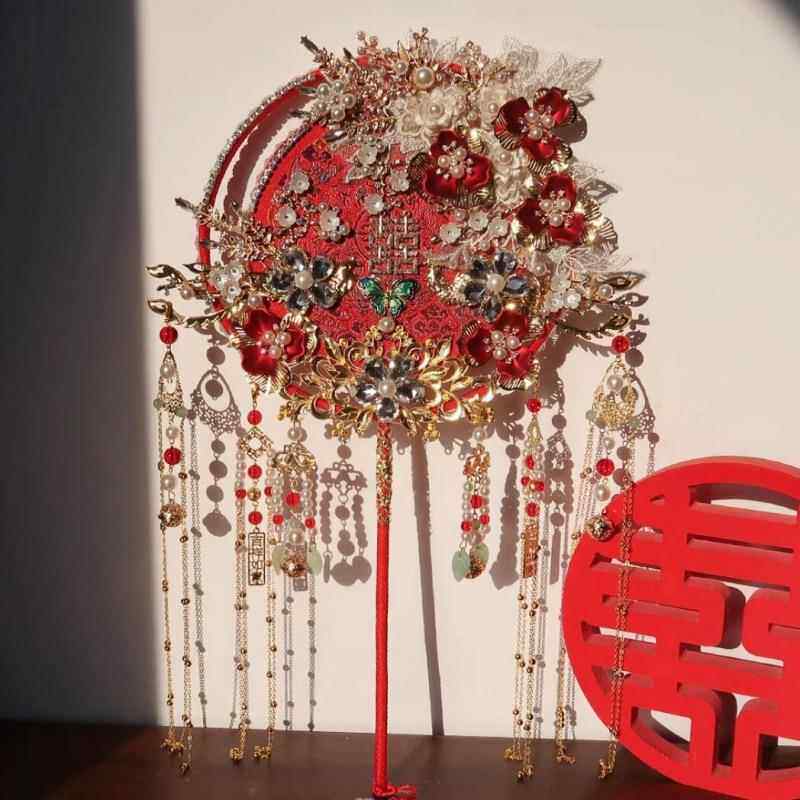 团扇结婚新娘秀材料中式出嫁明制禾手包工婚子r扇成品双面