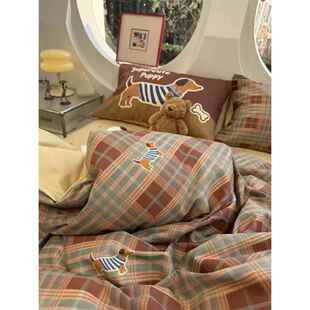 美拉德红棕格子小狗床上四件套全棉纯棉1.5m1.8米被套床单三件套