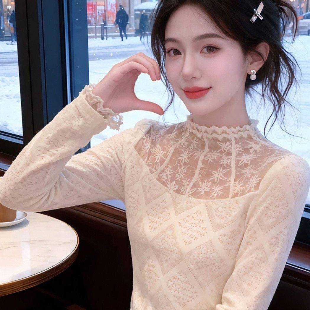 极速绝美名媛感白色蕾丝打底衫2026春秋镂空针织衬衫内搭优雅网纱