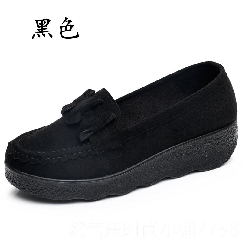 高档秋冬款老布北京鞋豆松豆女鞋坡棉鞋糕厚底跟中跟黑色女工作鞋