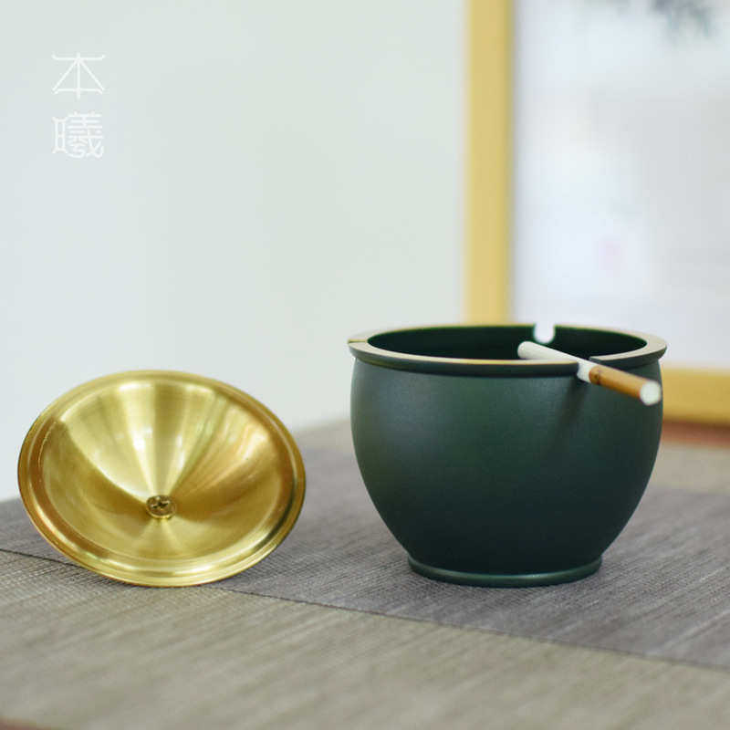 黄铜烟灰缸家用客厅茶几防飞灰带盖欧式奢华高档创意个性复古烟碟