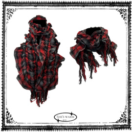 冬暗黑哥特学院复古褶皱，流苏红黑格子长款保暖围巾