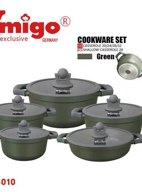 Vmigo-8010日式10PC厨房家用不粘锅具套装铝压铸汤锅麦饭石