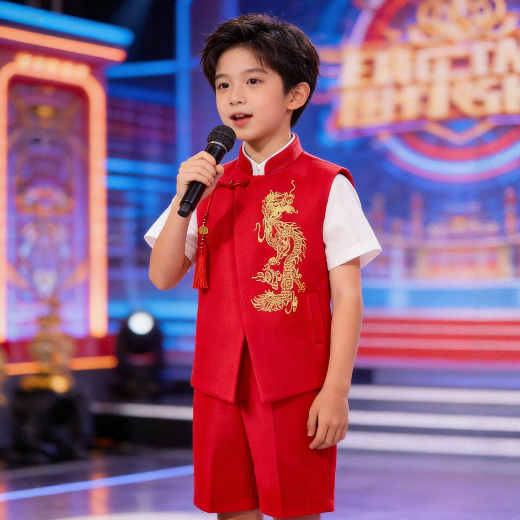 儿童中国风演出服红色龙纹刺绣马甲套装男童合唱表演服