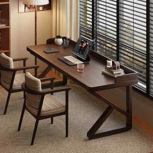 全实木双人书桌加挡板中古风长条沙发床边桌子家用简约学生电脑桌