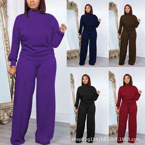 Womens 2Piece Casual Set Mock Neck LongSleeved Loose Top