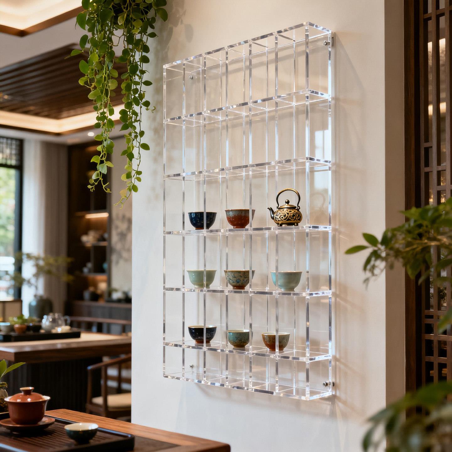 压克力定制茶杯货柜透明墙上展示架酒架高柜陈列格子架杯子展示柜