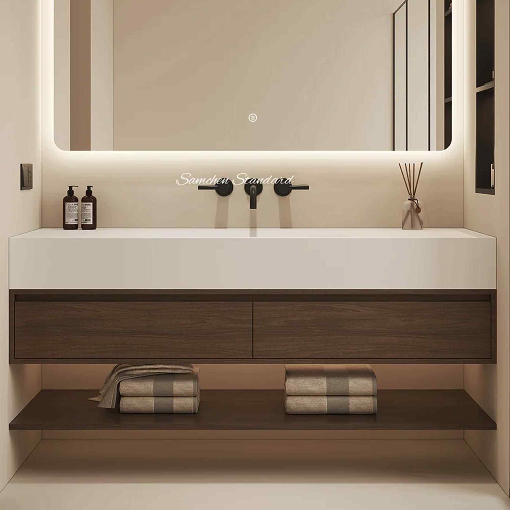 中古原木风岩板热弯无缝一体盆浴室柜组合洗脸洗漱台盆定制