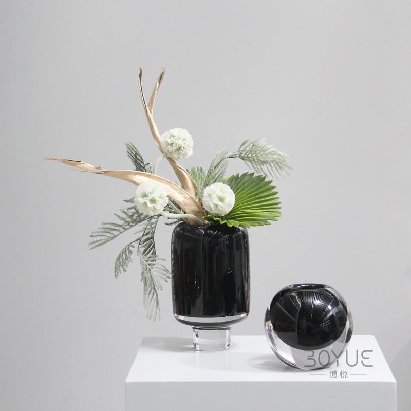 现代简板约轻奢黑色琉摆璃花瓶民宿样间创意DFG客厅博架花艺软装