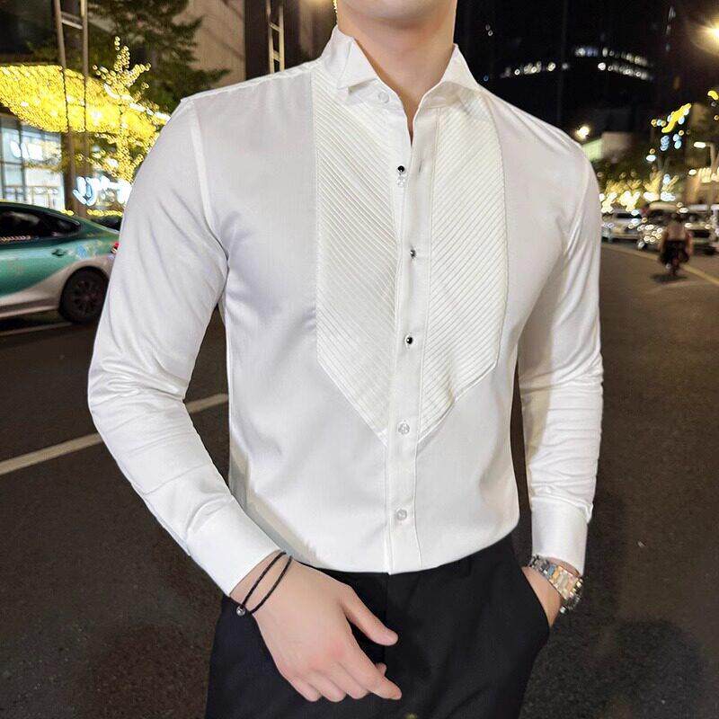 LL男装衬衫男长袖商务正装婚礼宴会礼服新郎伴郎结婚燕子领白衬衣