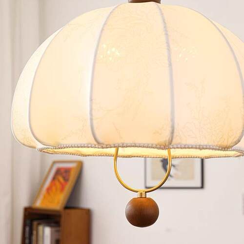 法式复古印花吊灯中古风可升降餐厅灯原木风布艺蘑菇吧台餐桌灯具