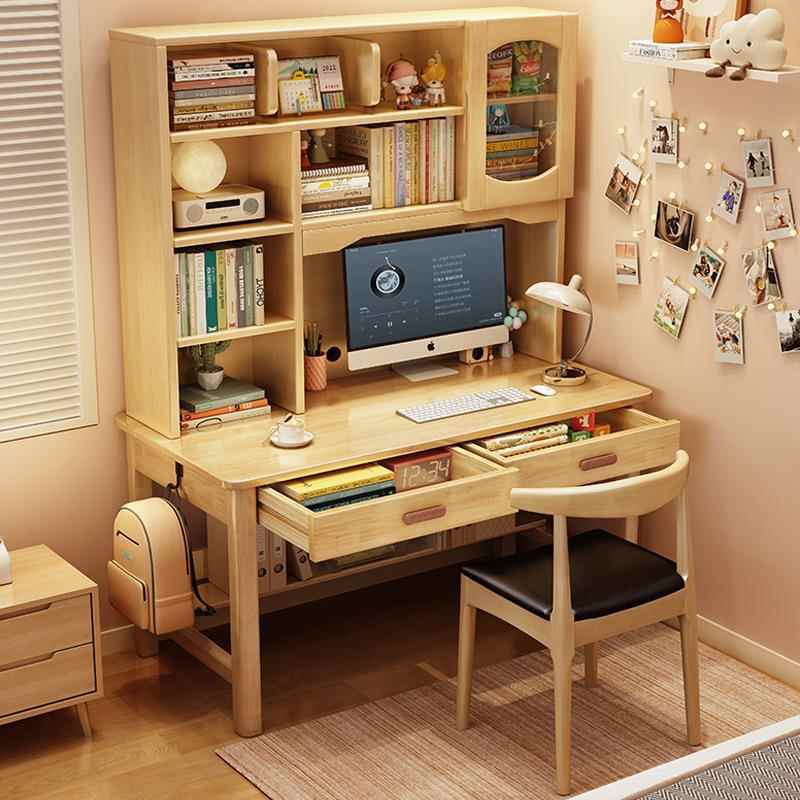 书架一体实木书桌家用书房办公电脑桌学生写字桌卧室儿童学习桌子
