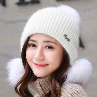 帽子女冬季韩版百搭时尚加绒毛线帽子三毛球护耳保暖针织帽冬天