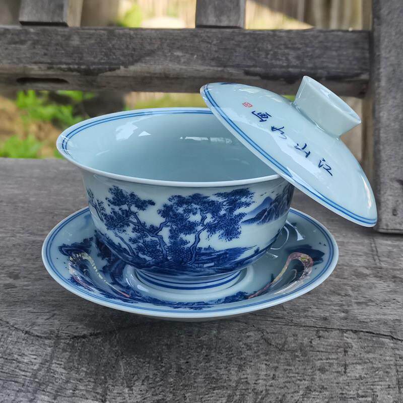 手绘陶瓷盖碗茶杯景德镇三才碗