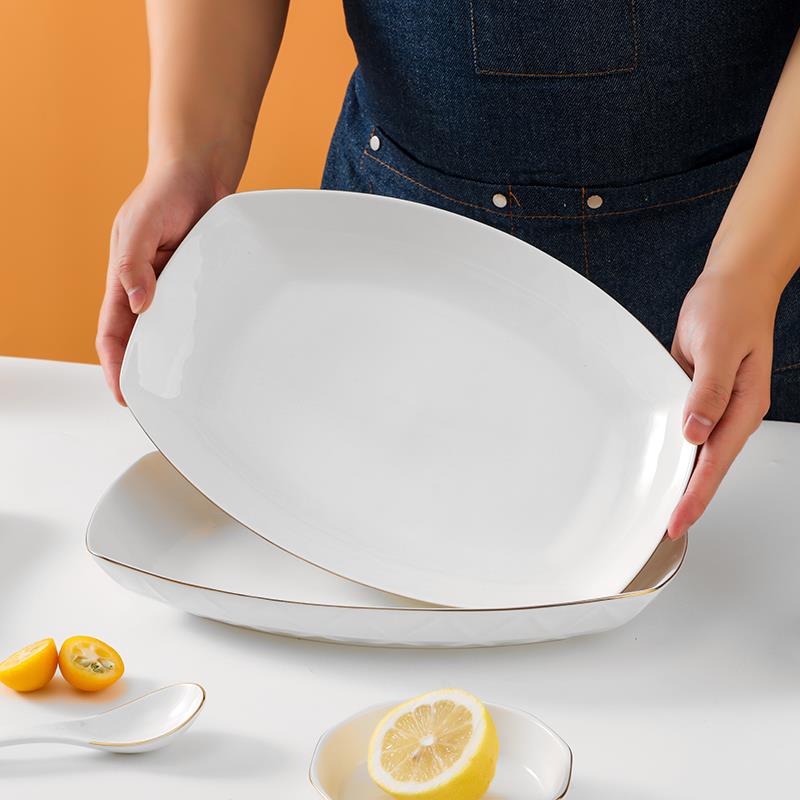 新款描金鱼盘子家用大号长方形餐盘蒸鱼盘子北欧烤鱼盘可微波盘子