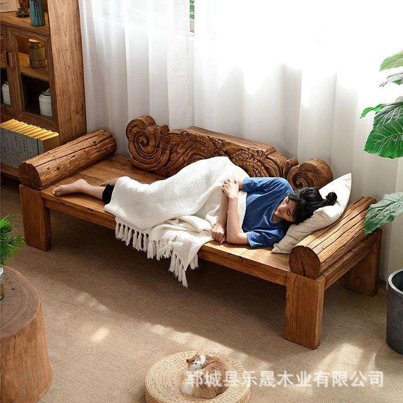 罗汉床老榆木贵妃榻雕花民宿休闲躺椅家具长条休闲罗汉床