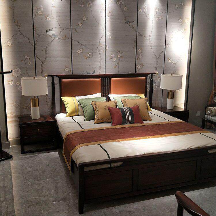 新中式乌金木实木床1.5米1.8m双人婚床轻奢现代简约软靠卧室家