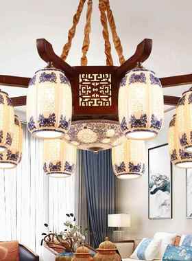 新仿中式吊灯灯实木客37155代厅陶瓷餐厅古酒店别墅复式现吊灯具